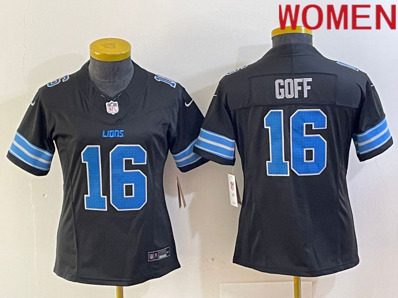 Women Detroit Lions #16 Goff Black Three generations 2024 Nike Vapor F.U.S.E. Limited NFL Jersey